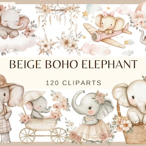 BEIGE Boho BABY ELEPHANT - 100 watercolor clip arts (Png 300 dpi commercial use, Baby shower baby Nursery Decor Boy and Girl Birthday Party)