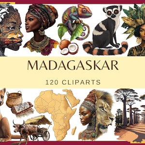 MADAGASKAR - 120 clip art (300 dpi, animali della natura africana, donna, cultura africana, savana, lemure, camaleonte, baobab, malgascio, png)