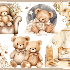 Ours en peluche beige 100 cliparts, baby shower pour nouveau-nés, décoration de chambre d'enfant, bébé garçon, petite fille, ours en peluche beige image 2