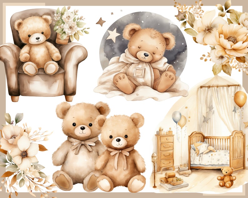 Ours en peluche beige 100 cliparts, baby shower pour nouveau-nés, décoration de chambre d'enfant, bébé garçon, petite fille, ours en peluche beige image 2