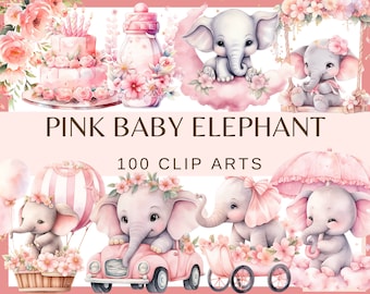 ELEFANTE BEBÉ ROSA - 100 imágenes prediseñadas de acuarela (Png, 300 dpi, uso comercial, Baby shower para niña, Decoración de guardería, Fiesta de cumpleaños de niña)