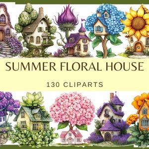 SUMMER FLORAL HOUSE - 110 watercolor clip arts (fantasy fairy home, 300 dpi Nursery Decor png lavender hibiscus marygold sunflower rose )