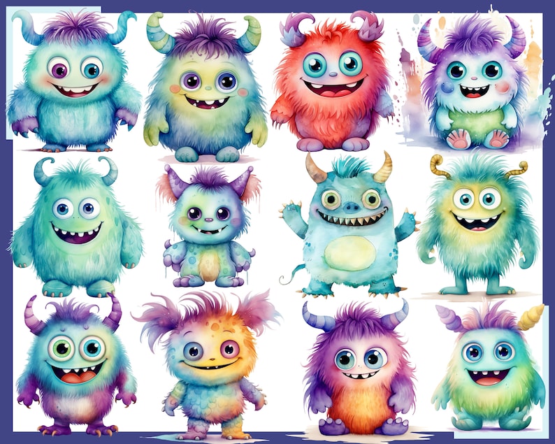 May include: A collection of 12 watercolor illustrations of colorful, friendly monsters with different expressions. Each monster has unique features, like horns, fur, and teeth.