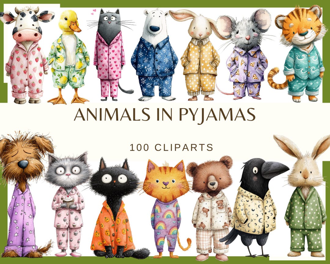 Animals in Pyjamas: 100 PNG, 300 DPI 110 Cliparts Quirky Whimsical ...