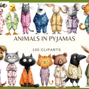 Może przedstawiać: Akwarelowa ilustracja różnych zwierząt w piżamach, w tym krowy, kaczki i kota. Obraz zawiera również tekst "ANIMALS IN PYJAMAS" i "100 CLIPARTS".