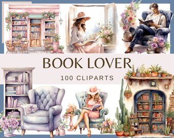 Watercolor Book Clipart: Cosy Reading Nook Illustrations (PNG, 300 dpi)