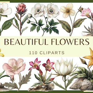 MOOIE BLOEMEN - 110 clip arts (300 dpi, commercieel gebruik, bundel, digitaal, fantasie sprookjesbloemen, bloemen, bruiloftselementen, junk journal)