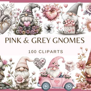 GNOMI ROSA E GRIGI per San Valentino - 100 clip art (300 dpi, gnomo con cuore, fiori, scatola regalo, digitale, amore, rosa, dolci, amore)