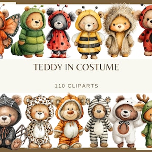 Puede incluir: Una colección de ilustraciones de osos de peluche con varios disfraces, incluyendo una mariposa, una oruga, una mariquita, una abeja, un erizo y una araña. La imagen también incluye osos disfrazados de leopardo, tigre, cebra, ciervo y un oso con un atuendo blanco. El texto dice "TEDDY IN COSTUME" y "110 CLIPARTS."