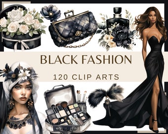 BLACK FASHION - 120 watercolor clip arts (png, 300 dpi, Fashion Illustration, Fashion Books, Fashionista Chic Girl Glamour Fashion Graphics)