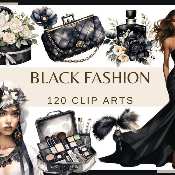 BLACK FASHION - 120 Aquarell Cliparts (png, 300 dpi, Fashion Illustration, Fashion Books, Fashionista Chic Girl Glamour Fashion Grafiken)