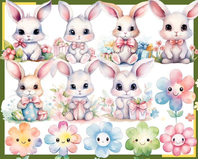 MIGNONNE PÂQUES KAWAII 100 cliparts aquarelles arrière-plan transparent, papier numérique de Pâques 300 dpi, vacances de printemps, usage commercial png image 9