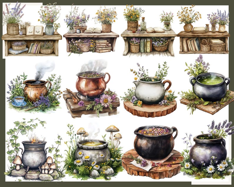 May include: Watercolor illustrations of apothecary shelves with books, baskets, and vases filled with flowers. Also, images of cauldrons with herbs and flowers, some steaming, on wooden platforms. The overall theme is a whimsical, herbalist aesthetic.