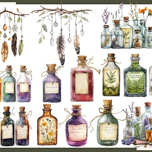 May include: Watercolor illustration of apothecary bottles and hanging dream catchers. The bottles are filled with colorful liquids and herbs, with cork stoppers and labels. The dream catchers feature feathers, crystals, and beads. The overall theme is mystical and natural.