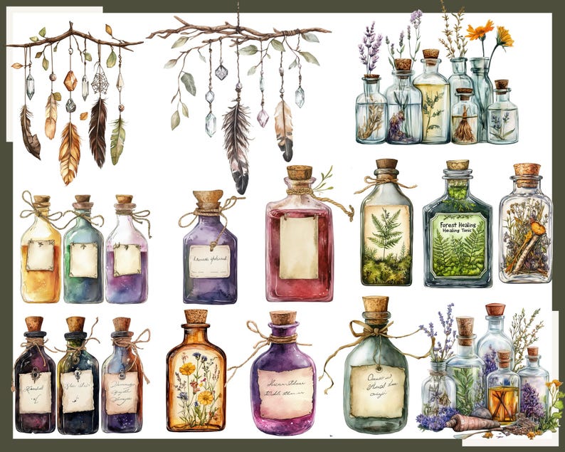 May include: Watercolor illustration of apothecary bottles and hanging dream catchers. The bottles are filled with colorful liquids and herbs, with cork stoppers and labels. The dream catchers feature feathers, crystals, and beads. The overall theme is mystical and natural.