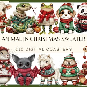 ANIMALS in CHRISTMAS SWEATERS - 110 clip arts (300 dpi, Lama, Hamster, Zebra, Panda, Racoon, Capybara, Tiger Lion animated christmas animal)