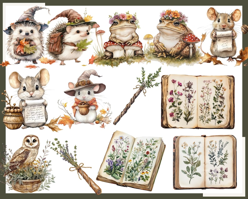 May include: Watercolor illustrations of whimsical forest creatures, including hedgehogs, frogs, and mice, adorned with hats and floral crowns. The image also features open books with botanical illustrations, a wand, and an owl in a basket.