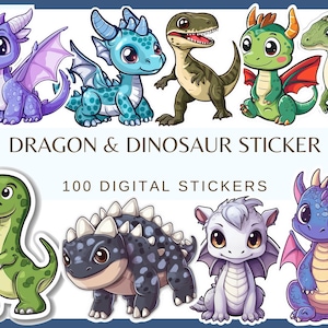 DRAGON & DINOSAUR - 100 stickers (300 dpi magic dragon, kawaii dinosaur, fantasy dragon sticker, cute dino, sticker for kids)