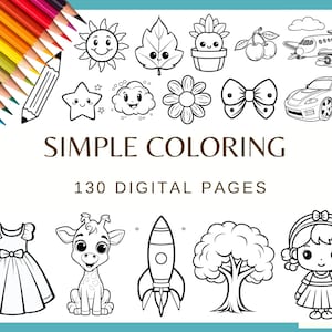 COLORIAGES SIMPLES - 130 pages (animal oiseau nourriture météo nature transport poupée gâteau insecte fleur papier numérique, livre de coloriage pour enfants)