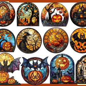 May include: A set of 10 stained glass style illustrations featuring Halloween themes. The illustrations include pumpkins, bats, witches, haunted houses, and other spooky imagery. The illustrations are in a variety of colors, including orange, black, and purple.
