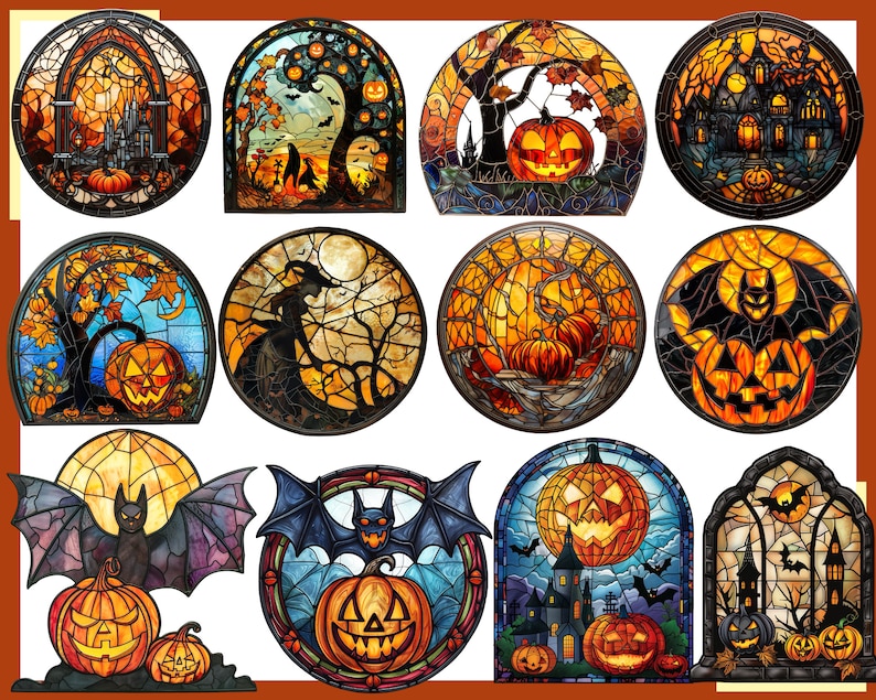 May include: A set of 10 stained glass style illustrations featuring Halloween themes. The illustrations include pumpkins, bats, witches, haunted houses, and other spooky imagery. The illustrations are in a variety of colors, including orange, black, and purple.