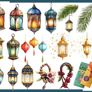 Pu&ograve; includere: Una collezione di illustrazioni ad acquerello con varie lanterne dai colori vivaci. Le lanterne variano per forma e design, alcune sospese e altre in piedi. Sono incluse anche rosari, foglie di palma e buste decorative.