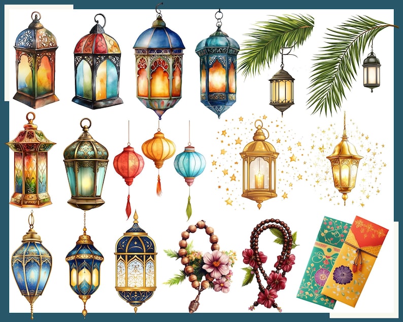 Pu&ograve; includere: Una collezione di illustrazioni ad acquerello con varie lanterne dai colori vivaci. Le lanterne variano per forma e design, alcune sospese e altre in piedi. Sono incluse anche rosari, foglie di palma e buste decorative.