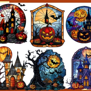 May include: A set of seven stained glass style illustrations featuring Halloween themes. The illustrations include a haunted house, a spooky tree, a jack-o-lantern, a witch's hat, and bats.