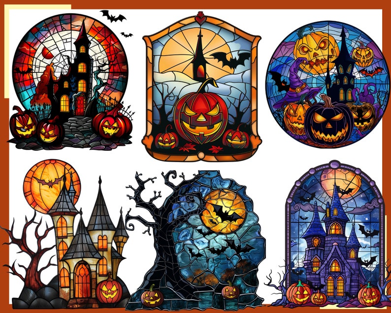 May include: A set of seven stained glass style illustrations featuring Halloween themes. The illustrations include a haunted house, a spooky tree, a jack-o-lantern, a witch's hat, and bats.