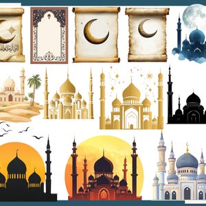 Pu&ograve; includere: Una collezione di illustrazioni digitali con elementi architettonici islamici. Le immagini includono moschee, mezzelune e disegni di pergamene decorative. La tavolozza dei colori comprende tonalit&agrave; oro, blu e arancioni, con alcune immagini in silhouette.