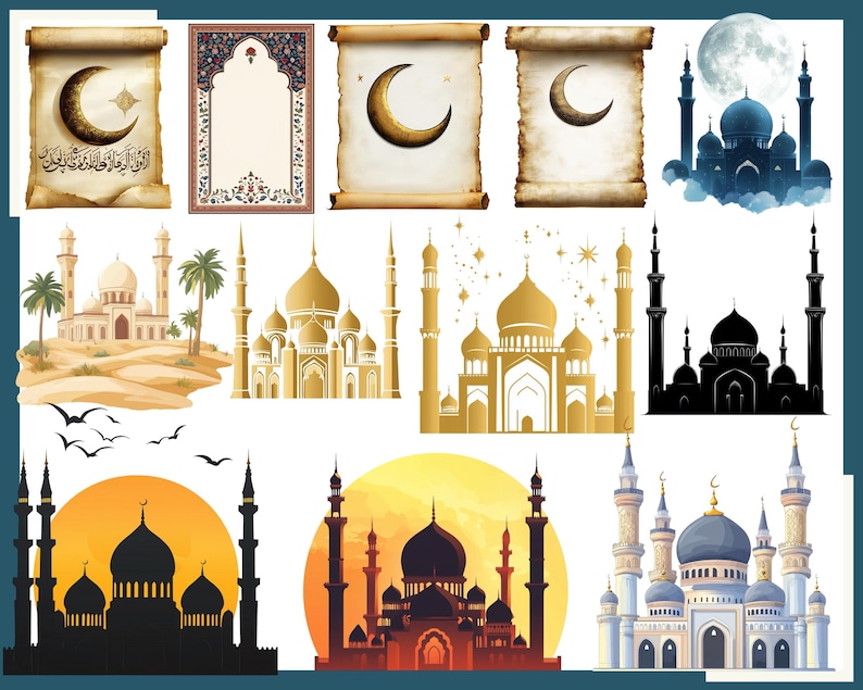 Pu&ograve; includere: Una collezione di illustrazioni digitali con elementi architettonici islamici. Le immagini includono moschee, mezzelune e disegni di pergamene decorative. La tavolozza dei colori comprende tonalit&agrave; oro, blu e arancioni, con alcune immagini in silhouette.