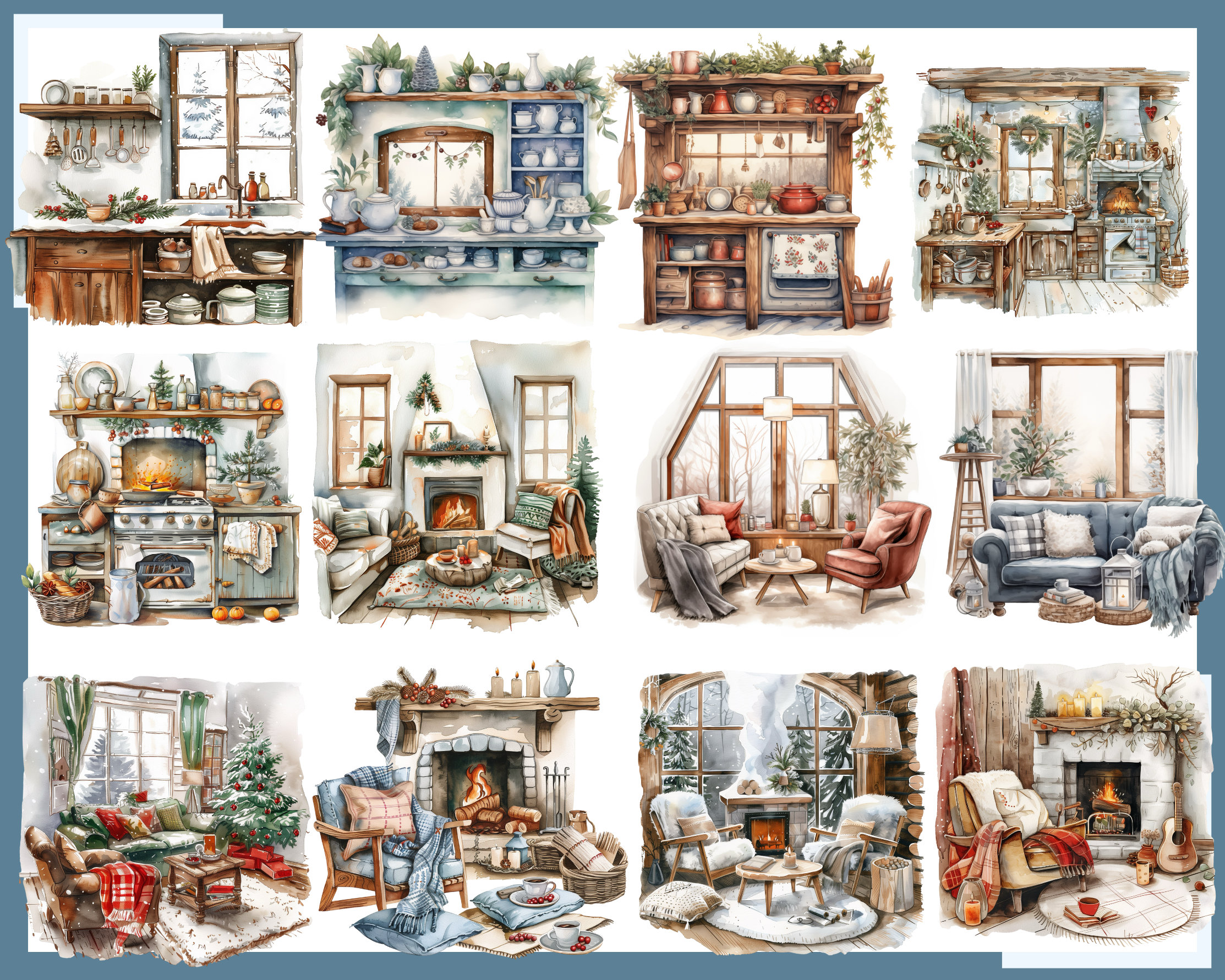 Winter Home Clipart: Watercolor Cozy Interiors (digital Download) - Etsy