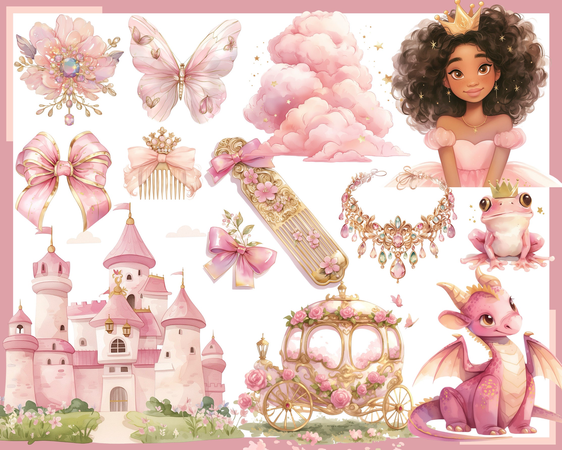 Pink Princess Clipart: Castle, Dragon, Unicorn & More (110 PNG Files ...