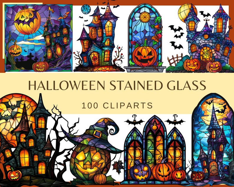May include: A set of 100 Halloween stained glass clipart images. The images feature various Halloween themes, including pumpkins, haunted houses, bats, and ghosts. The images are in a vibrant color palette of orange, purple, green, and blue.
