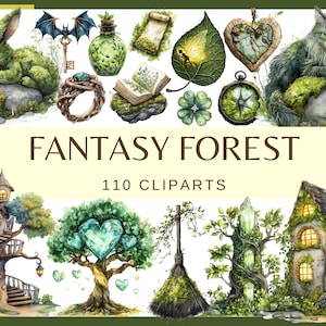 Puede incluir: Una colección de imágenes prediseñadas de temática fantástica que presenta un conejo verde cubierto de musgo, una llave de murciélago, una botella de poción, un pergamino, una hoja, un colgante en forma de corazón, una brújula, un trébol de cuatro hojas y un gato. También se incluye el texto "FANTASY FOREST" y "110 CLIPARTS".