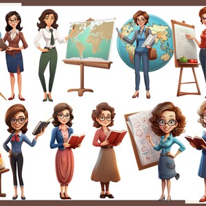 May include: Illustration of nine cartoon teachers, each with a different style and holding various teaching materials, including a globe, a map, a book, and a whiteboard.