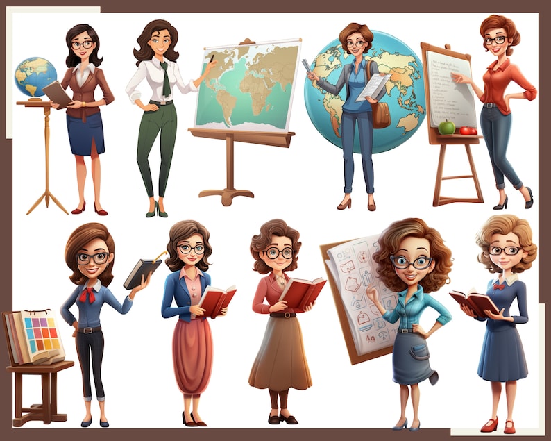 May include: Illustration of nine cartoon teachers, each with a different style and holding various teaching materials, including a globe, a map, a book, and a whiteboard.