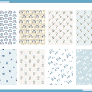 May include: A set of 10 digital seamless patterns featuring various designs, including rainbows, stars, hot air balloons, and cars. The patterns are in shades of blue, white, and beige.