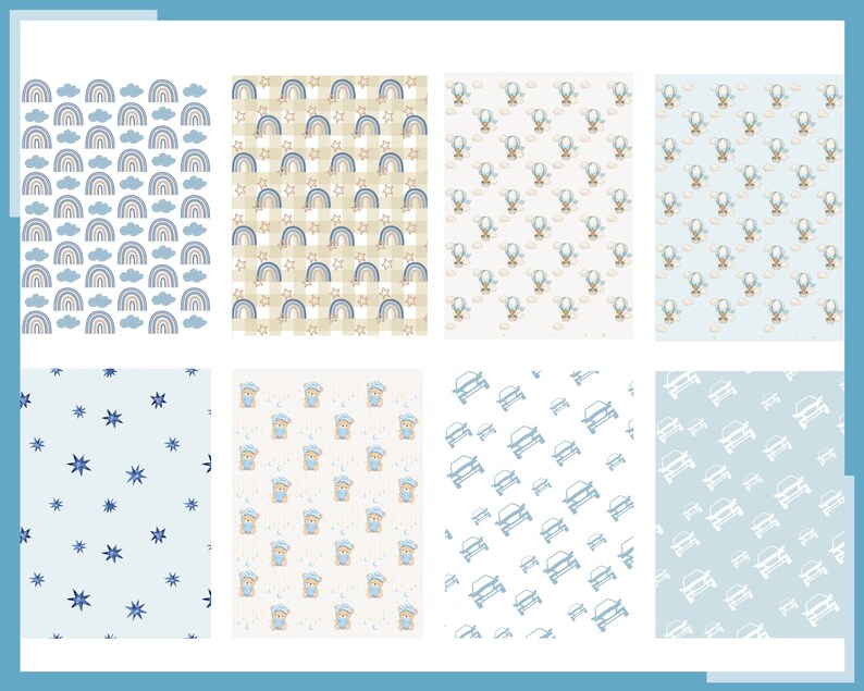 May include: A set of 10 digital seamless patterns featuring various designs, including rainbows, stars, hot air balloons, and cars. The patterns are in shades of blue, white, and beige.