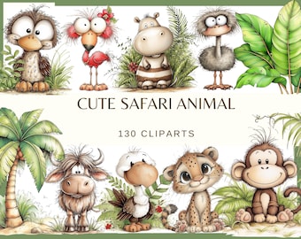 Cute Safari Animals: 130 PNG, 300 DPI Images Clip Art Baby Jungle Nursery Animal (Commercial Use, Digital)