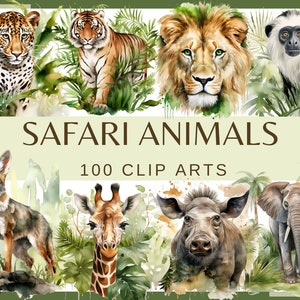 ANIMALES DE SAFARI: 100 imágenes prediseñadas (300 ppp, elefante, zorro, mangosta, cebra, león, puma, tigre, guepardo, jirafa, hiena, mono, digital, png)