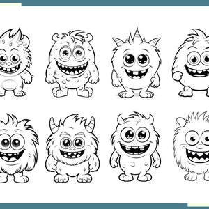 May include: Black and white line art illustration of eight cartoon monsters with different expressions and features. The monsters are all smiling and have large eyes.