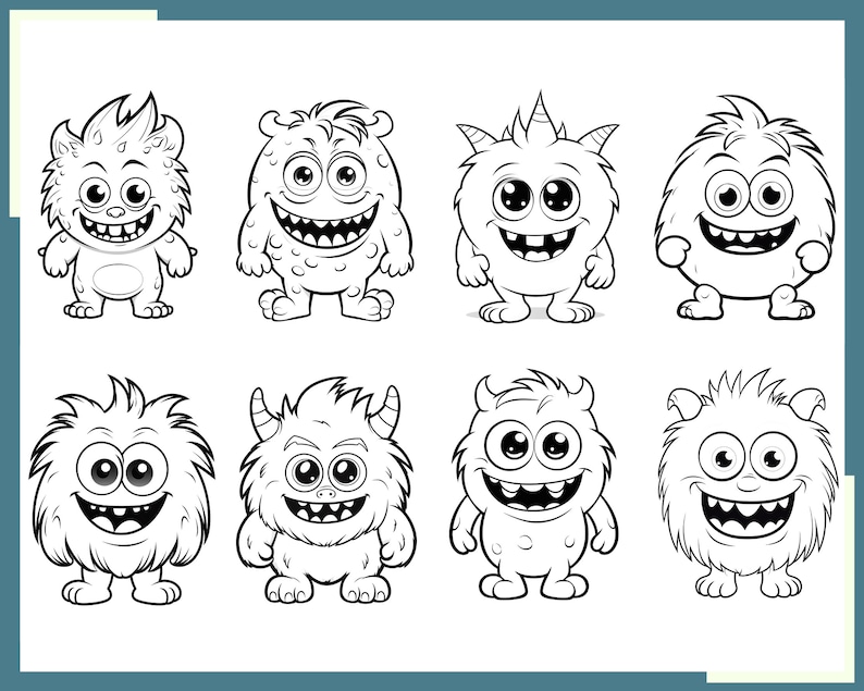 May include: Black and white line art illustration of eight cartoon monsters with different expressions and features. The monsters are all smiling and have large eyes.
