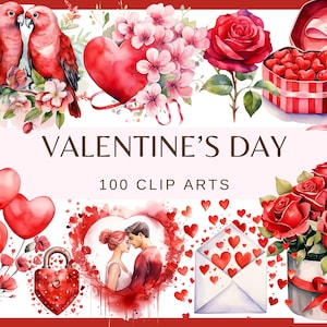 Saint-Valentin - 100 images clipart (300 dpi, ours en peluche avec coeur, colombe, lot, numérique, amour, rose, bonbons, amour, couple amoureux)