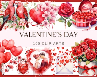 May include: A collection of 100 watercolour clip art images for Valentine's Day. The images include hearts, flowers, birds, a couple, a lock, a box of chocolates, and an envelope. The text "Valentine's Day 100 Clip Arts" is written in brown text on a pink background.