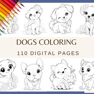 PÁGINAS PARA COLORIR CÃES - 100 páginas (Filhote de cachorro kawaii fofo e engraçado, papel digital para cachorro, livro para colorir)