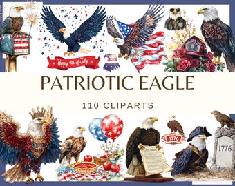 Patriotic Eagle Clipart: USA 4th of July Watercolor PNG (Digital Download, 110 Files)