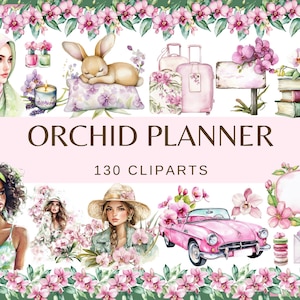 ORCHIDEE PLANNER - 130 clip arts (png 300 dpi Fashionista Chic Girl-prinses Violet Green Fashion Girl Planner Element Floral Stationery Art)