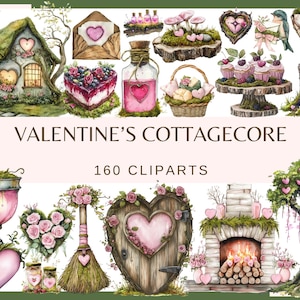 VALENTINE'S COTTAGECORE - 160 clip arts (300 dpi, fantasy love, love, valentine's day, png Woodland Romance Hearts, Flowers, Mushrooms)