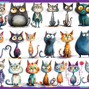 Op de afbeelding: Een verzameling van 20 cartoonkatten met verschillende uitdrukkingen en kleuren. De katten zijn getekend in een grillige stijl met overdreven kenmerken.